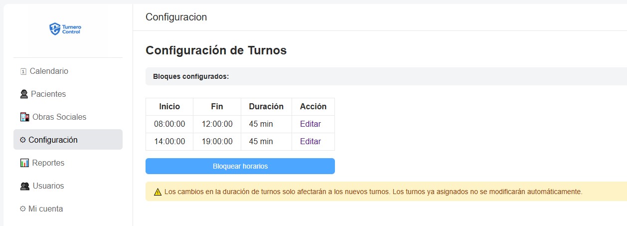Configuracion turno